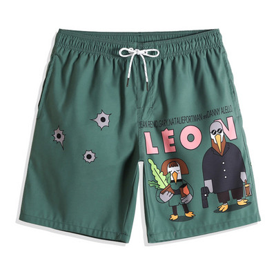 Costum de baie pentru barbati din pantaloni scurti tip stofa cu uscare rapida in culoare verde si imprimeu color
