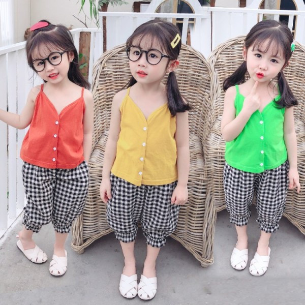 Gyerekkészlet lányoknak top + kockás nadrág