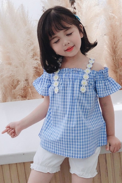 Modern gyerek szett lányoknak csupasz vállú blúz + rövidnadrág