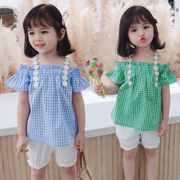 Modern gyerek szett lányoknak csupasz vállú blúz + rövidnadrág