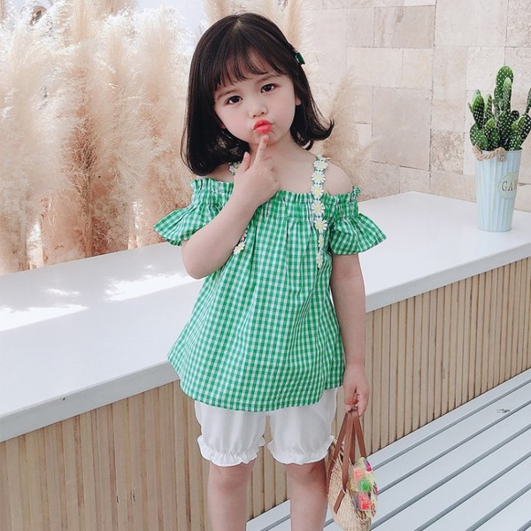 Modern gyerek szett lányoknak csupasz vállú blúz + rövidnadrág