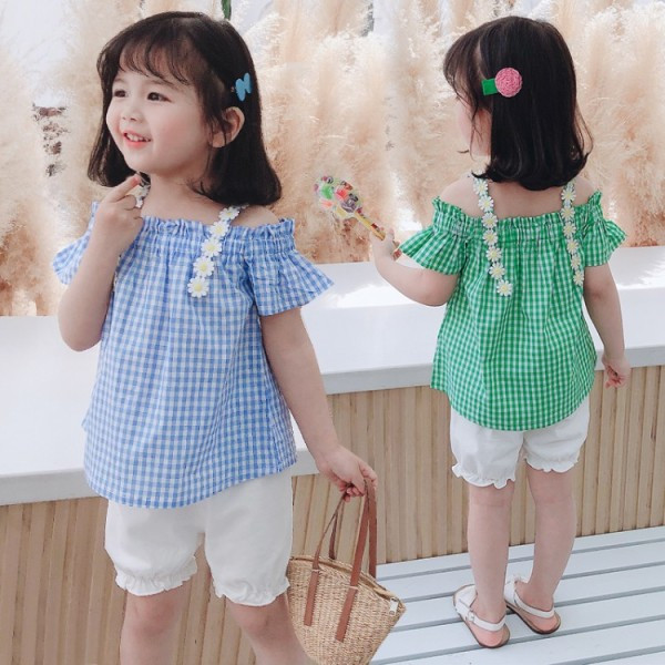 Modern gyerek szett lányoknak csupasz vállú blúz + rövidnadrág