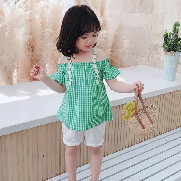 Modern gyerek szett lányoknak csupasz vállú blúz + rövidnadrág