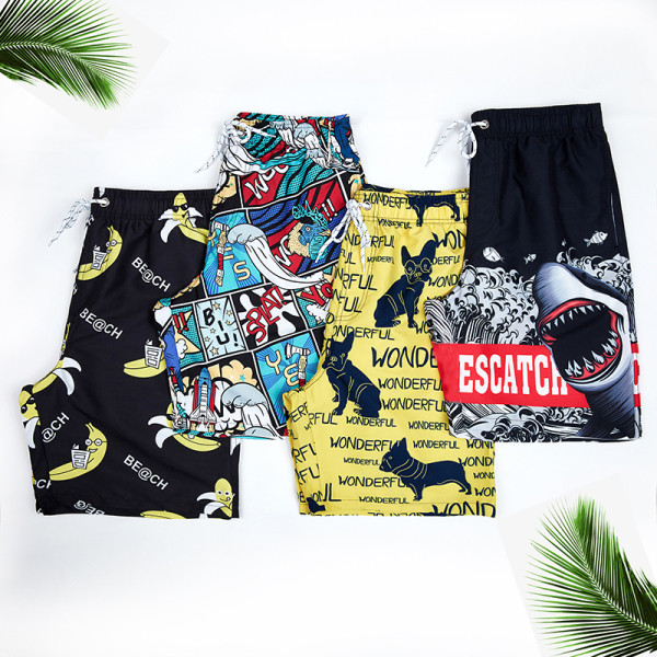 Pantaloni scurți de plajă pentru bărbați sau femei în negru cu imprimeu