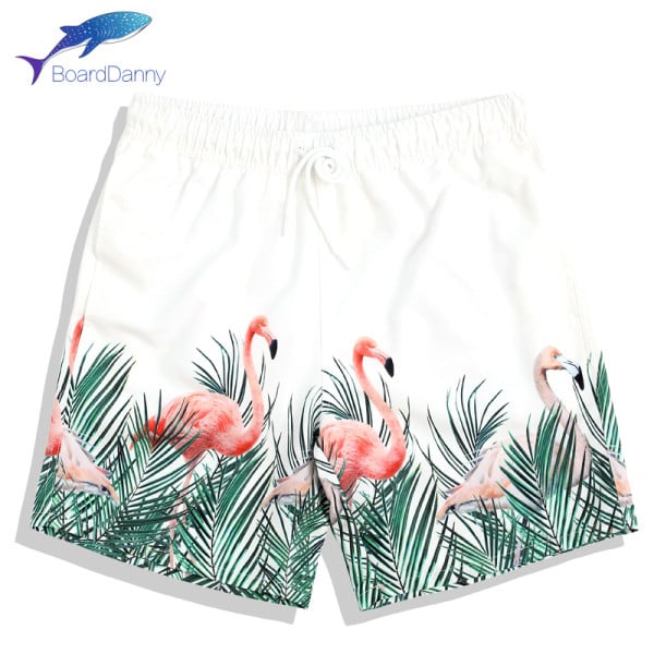 Pantaloni scurți de plajă unisex cu imprimeu alb și flamingo