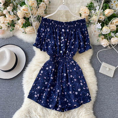 Salopeta scurta de dama cu model floral si talie elastica