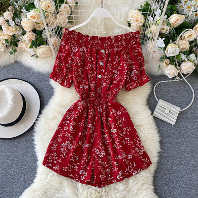Salopeta scurta de dama cu model floral si talie elastica
