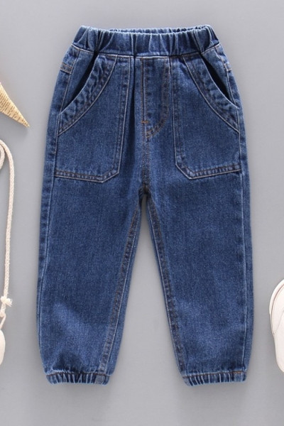Jauns bērnu džinsu modelis ar kabatām zēniem zilā krāsā