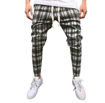 Модерен мъжки дълъг кариран панталон с джобове и кант 