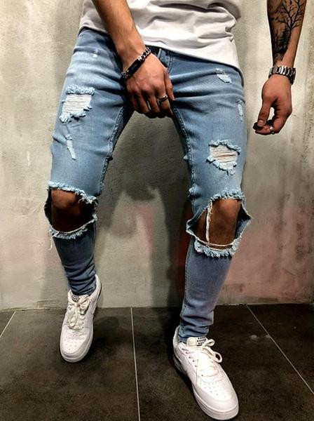 Blugi lungi de bărbați moderni cu motive rupte și fermoar