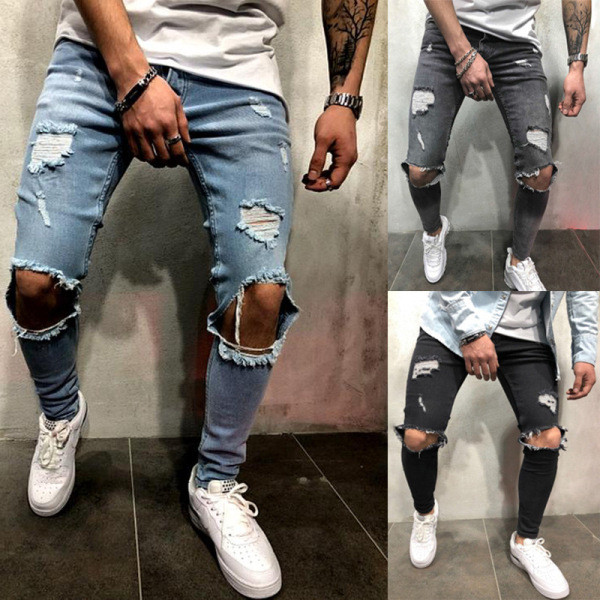 Blugi lungi de bărbați moderni cu motive rupte și fermoar