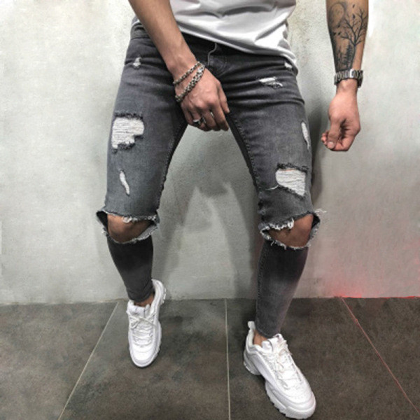 Blugi lungi de bărbați moderni cu motive rupte și fermoar
