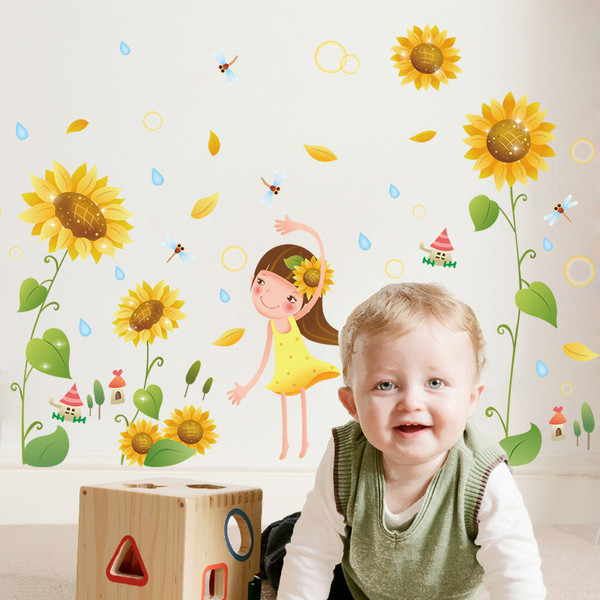 Lillede ja tüdrukuga isekleepuv lastekleebis