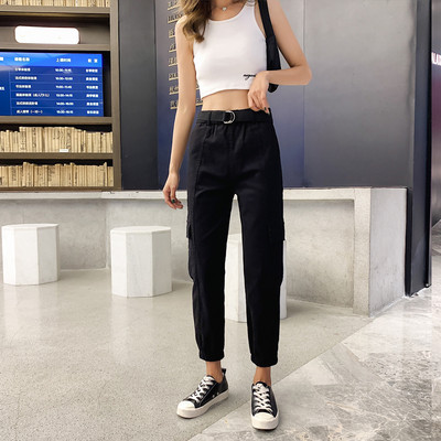 Női hosszú nadrág zsebbel és magas derékkal