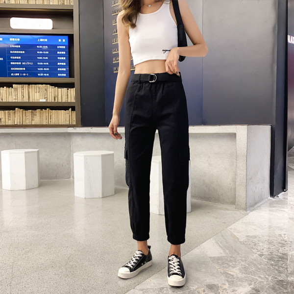 Női hosszú nadrág zsebbel és magas derékkal