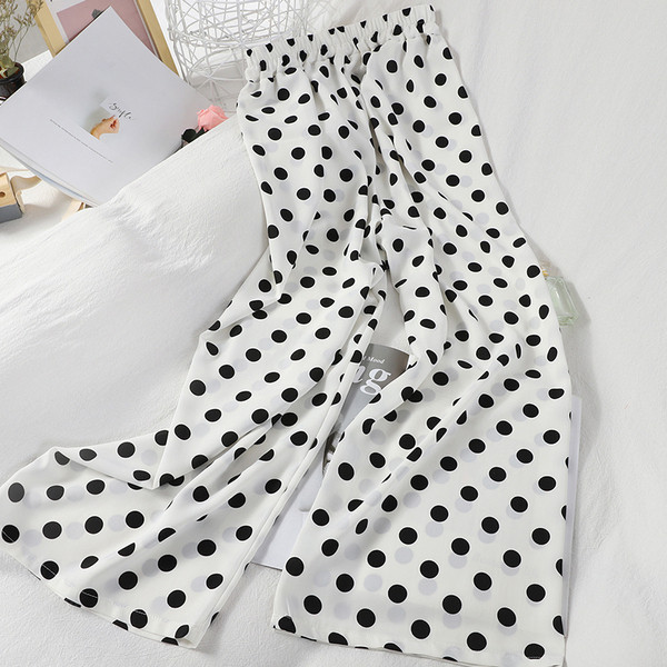 Széles női hosszú nadrág virágokkal vagy pöttyösekkel