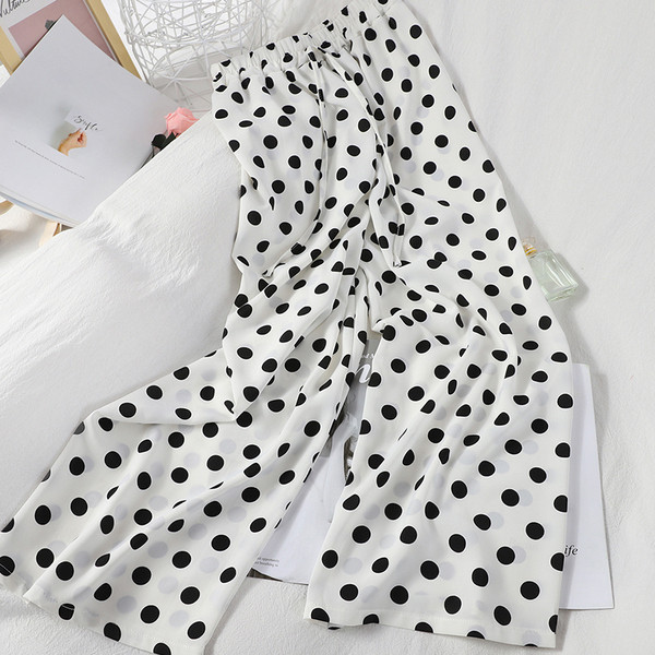 Széles női hosszú nadrág virágokkal vagy pöttyösekkel