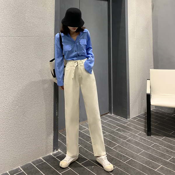 Női hosszú nadrág övvel és magas derékkal