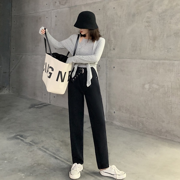 Női hosszú nadrág övvel és magas derékkal