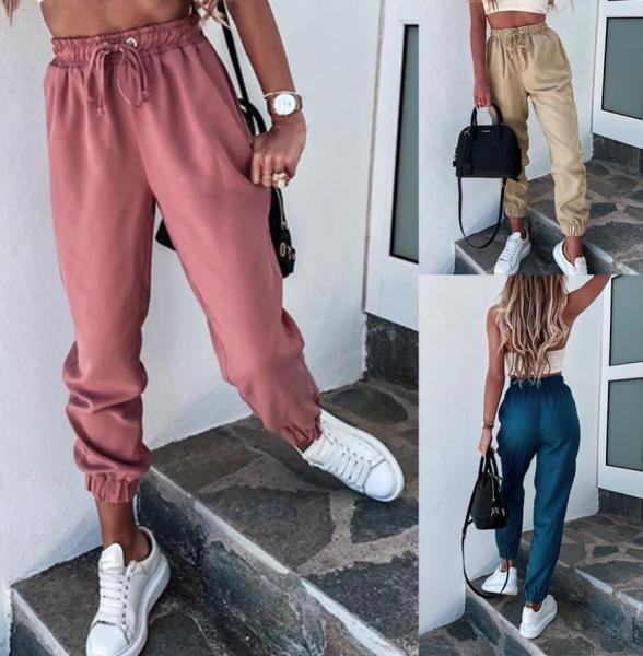 Modern női nadrág elasztikus derékkal és megkötővel