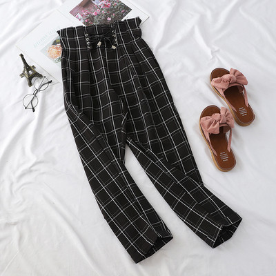 Női kockás nadrág magas derékkal és megkötővel