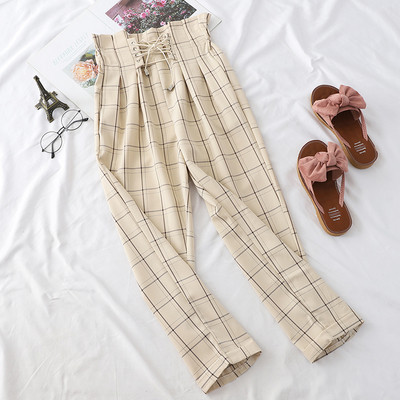 Női kockás nadrág magas derékkal és megkötővel