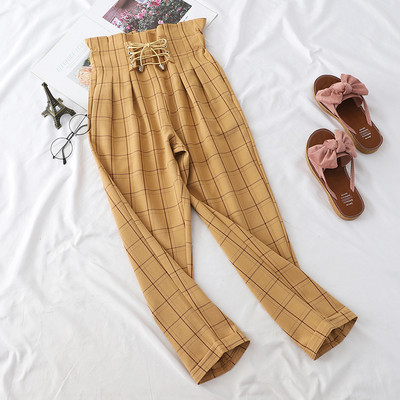 Női kockás nadrág magas derékkal és megkötővel