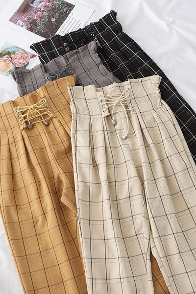 Női kockás nadrág magas derékkal és megkötővel