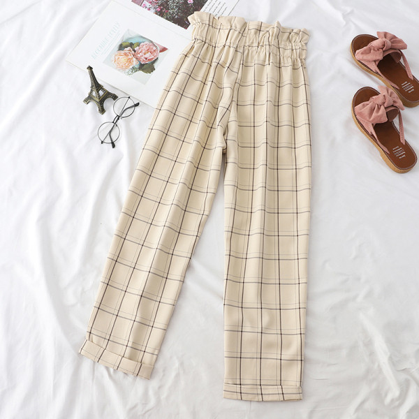 Női kockás nadrág magas derékkal és megkötővel