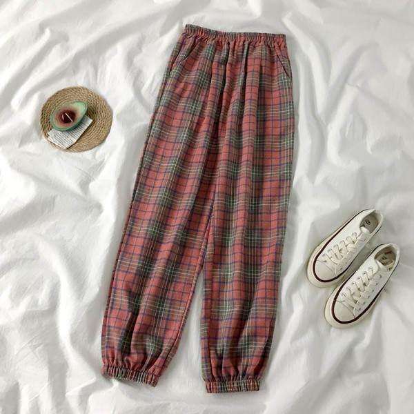 Modes sieviešu rūtainas bikses ar elastīgu jostasvietu