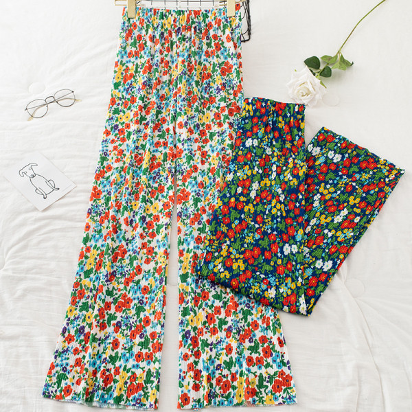 Redős női nadrág virágmintával és gumírozással