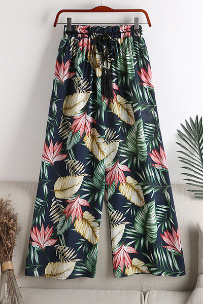 Ikdienas sieviešu bikses ar ziedu rakstu un saitēm