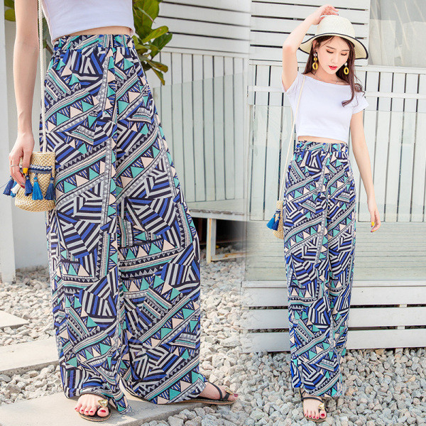 Női nadrág magas derékkal, színes mintával