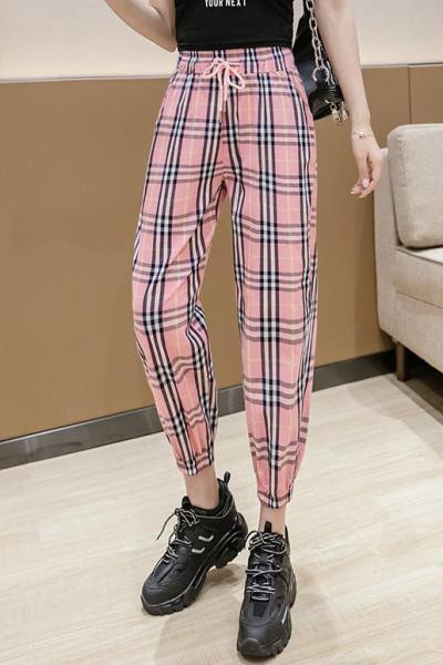 Modern női kockás nadrág magas derékkal és megkötővel