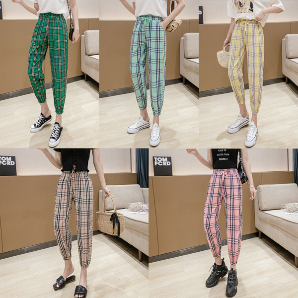 Modern női kockás nadrág magas derékkal és megkötővel