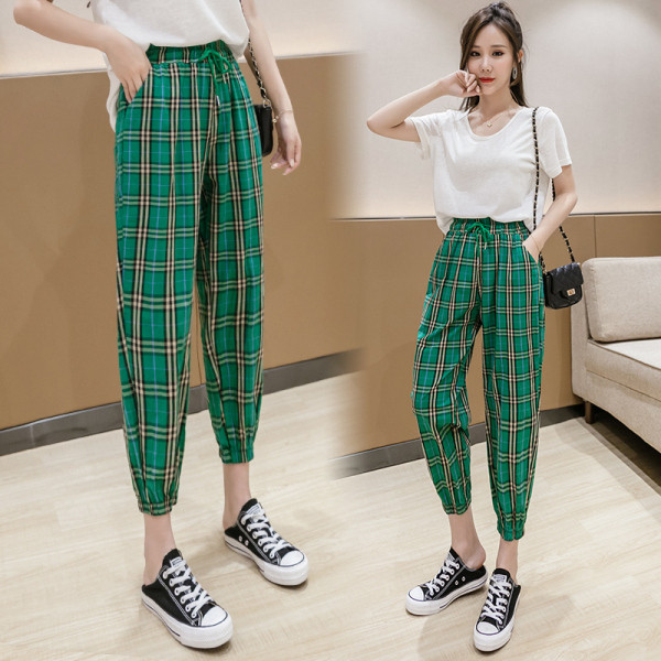 Modern női kockás nadrág magas derékkal és megkötővel