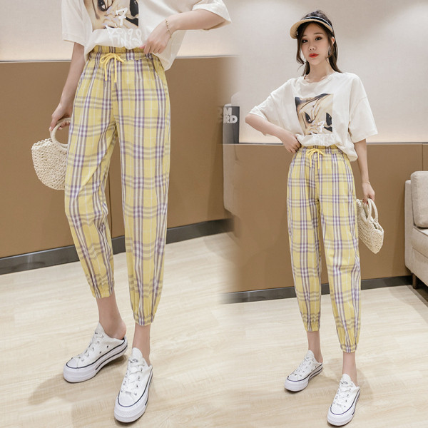 Modern női kockás nadrág magas derékkal és megkötővel