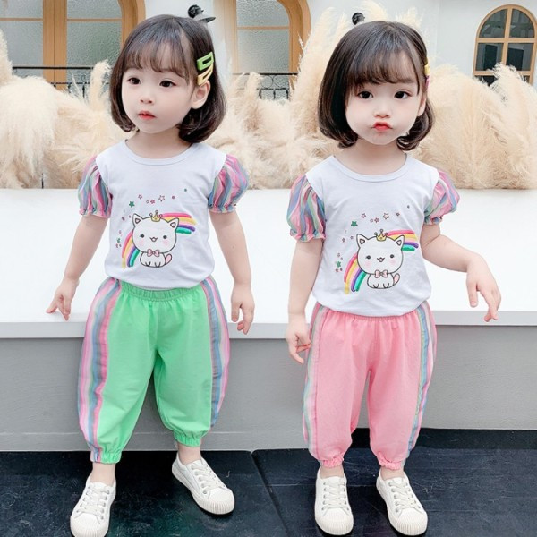 Alkalmi gyerek nadrág és blúz szett rövid ujjú és mintával