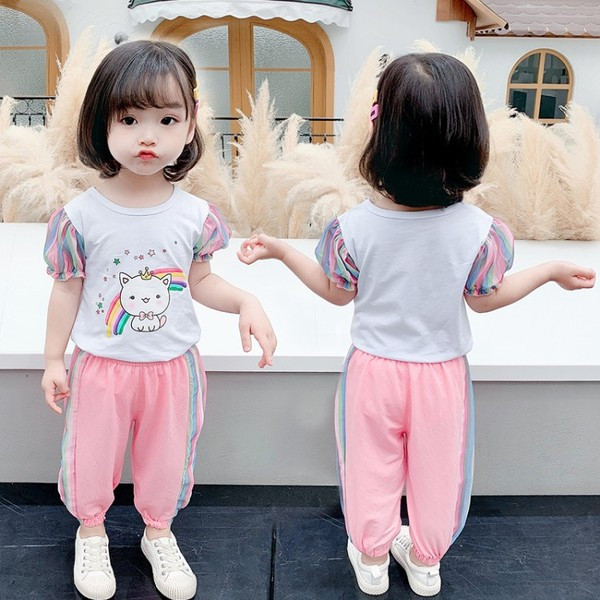 Alkalmi gyerek nadrág és blúz szett rövid ujjú és mintával