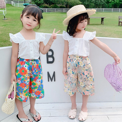 Детски комплект от блуза с квадратно деколте и панталон с флорален принт 