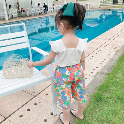 Bērnu blūzes komplekts ar kvadrātveida kakla izgriezumu un bikses ar ziedu apdruku