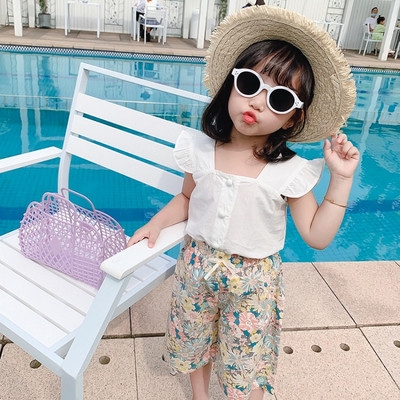 Bērnu blūzes komplekts ar kvadrātveida kakla izgriezumu un bikses ar ziedu apdruku