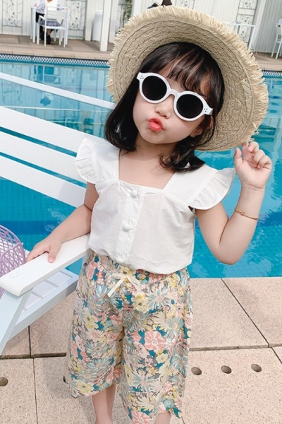 Bērnu blūzes komplekts ar kvadrātveida kakla izgriezumu un bikses ar ziedu apdruku