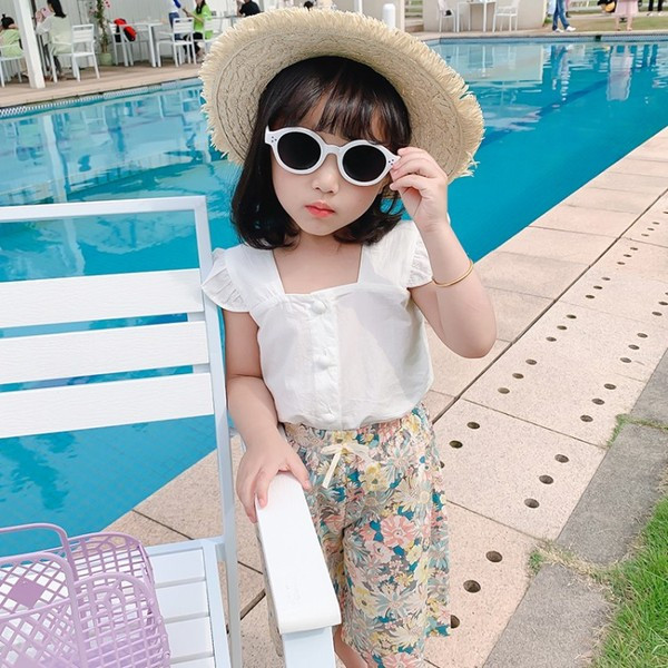 Bērnu blūzes komplekts ar kvadrātveida kakla izgriezumu un bikses ar ziedu apdruku