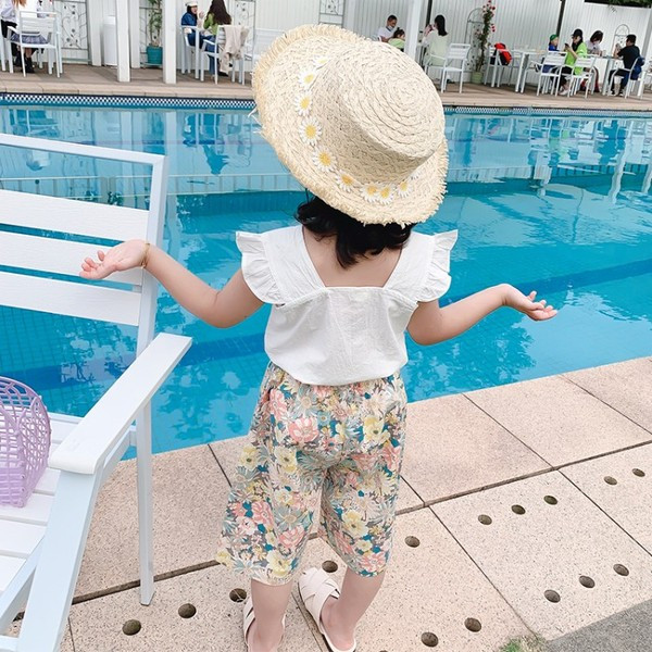 Bērnu blūzes komplekts ar kvadrātveida kakla izgriezumu un bikses ar ziedu apdruku