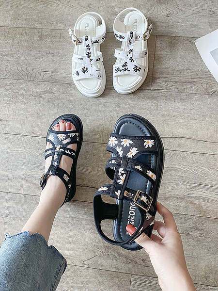 Alkalmi női szandál lapos talppal és virágmotívumokkal