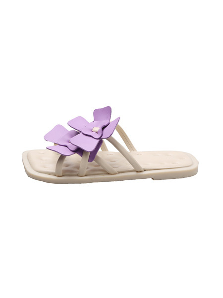 Papuci moderni de dama cu talpa plata si decor 3D in forma de flori