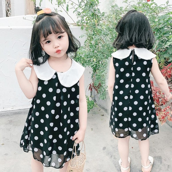 Must laste täpiline krae ja ovaalse kaelusega kleit