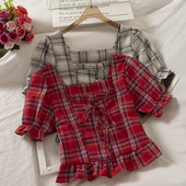 Retro stílusú kockás női ing négyzet alakú nyakkivágással