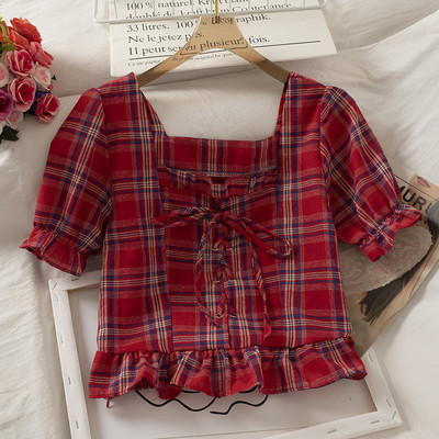 Retro stílusú kockás női ing négyzet alakú nyakkivágással